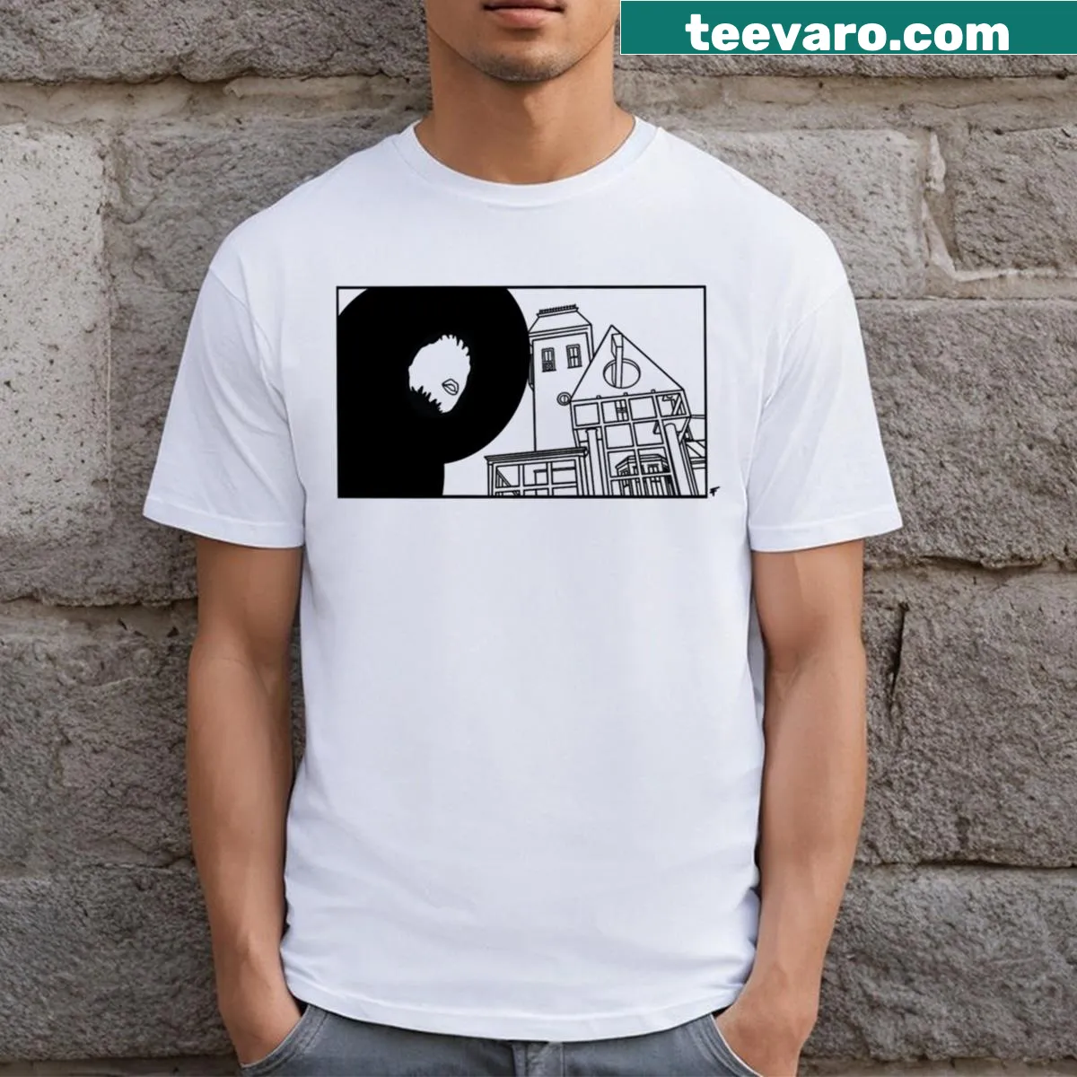 Black outline graphic of playful ghosts on a T-shirt — on a men's t-shirt