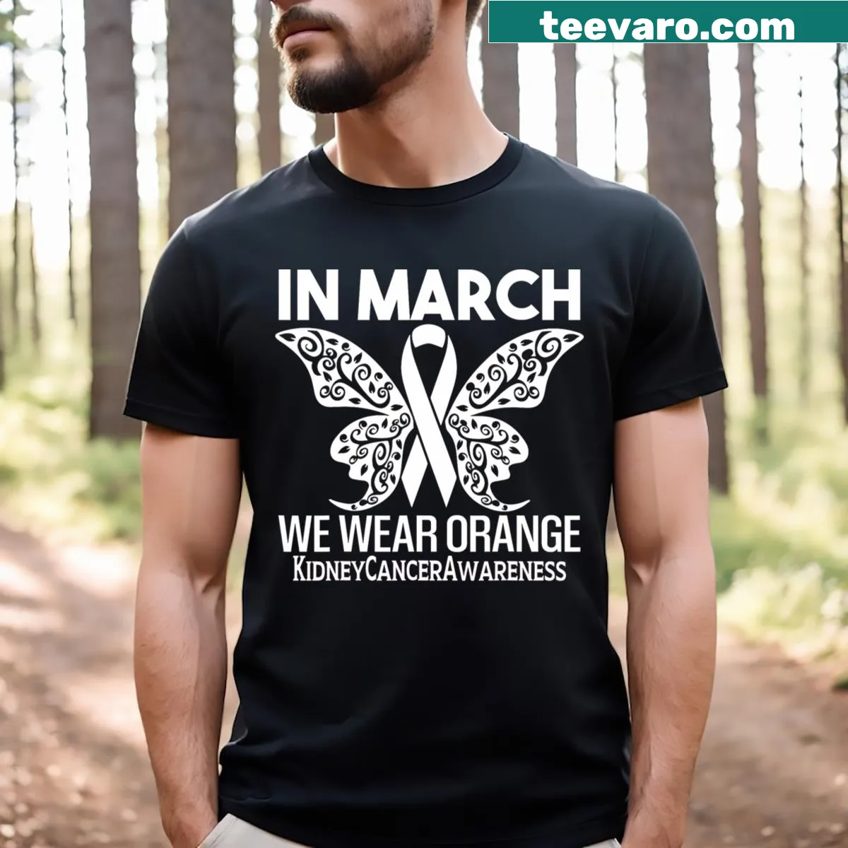 Orange ribbon design for kidney cancer awareness T-shirt — on a men's t-shirt
