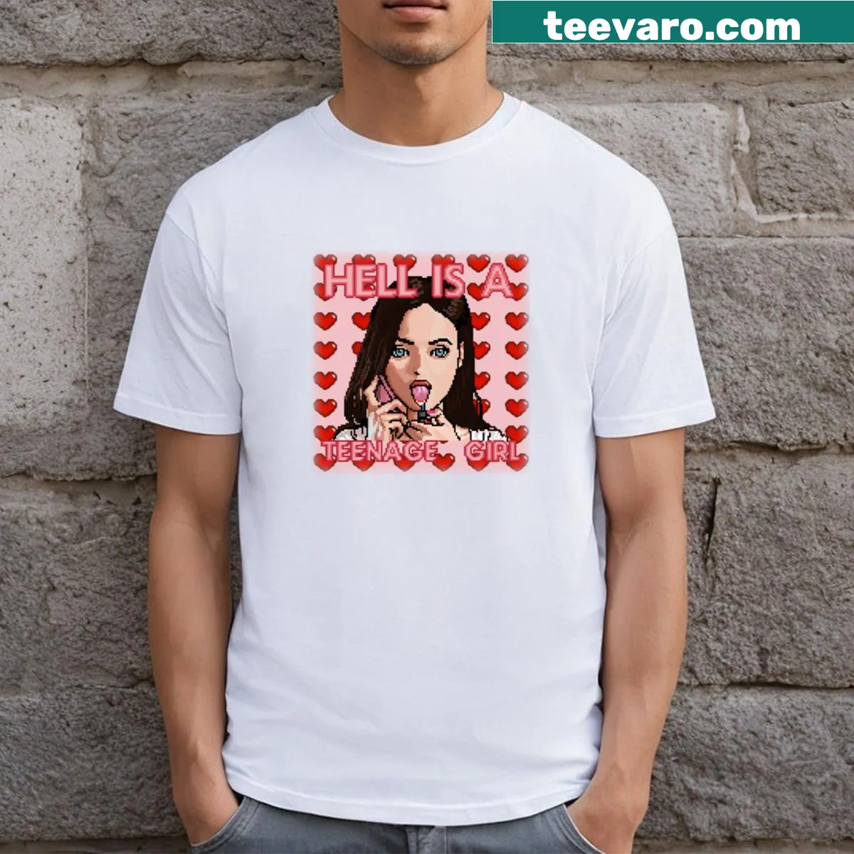 Pixel art t-shirt featuring Megan Fox from Jennifer's Body — on a men's t-shirt