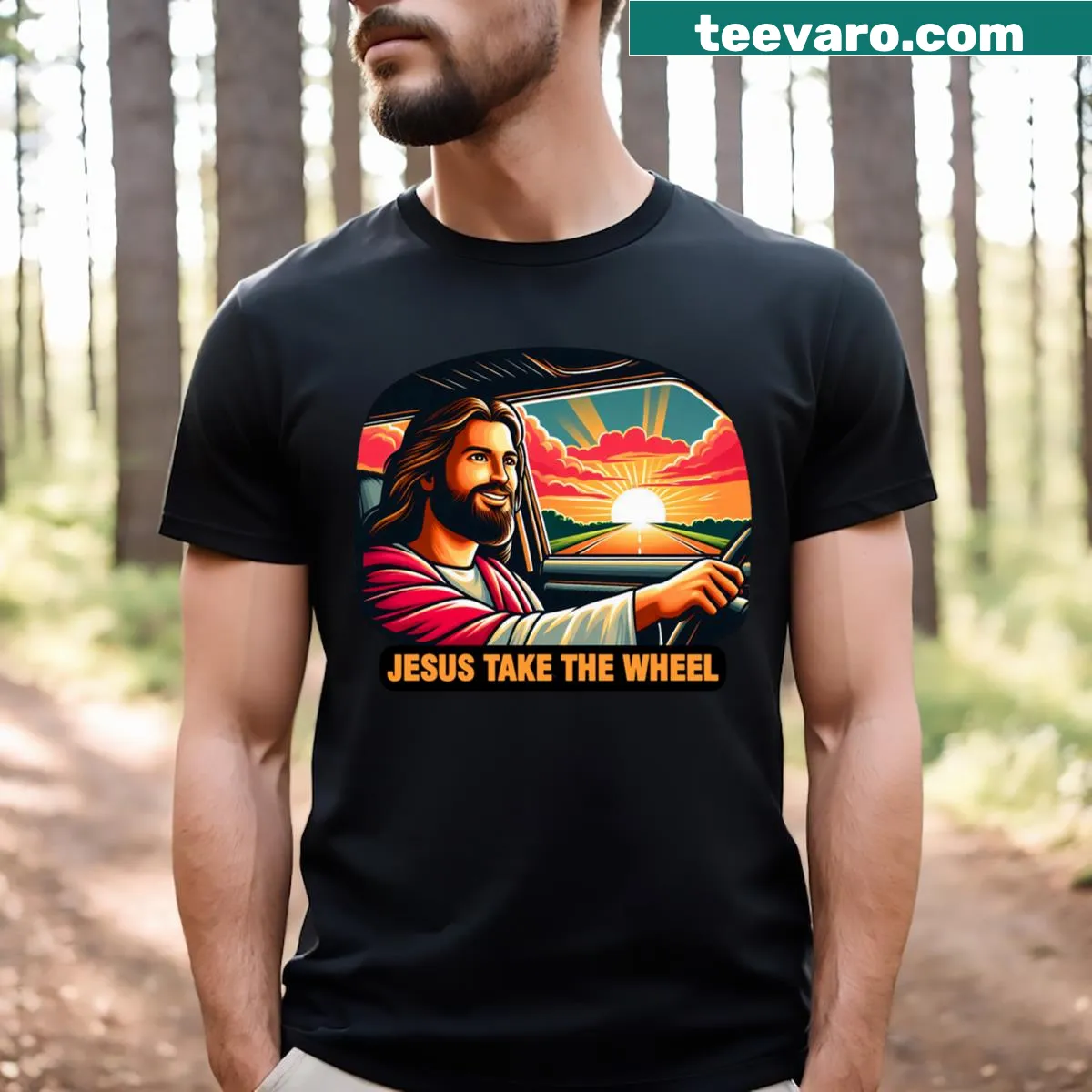 Inspirational T-shirt with the phrase 'Jesus Take The Wheel' — on a men's t-shirt
