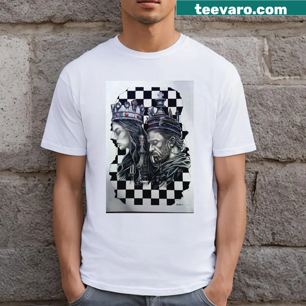 Matching King and Queen T-shirt set with bold typography — on a men's t-shirt