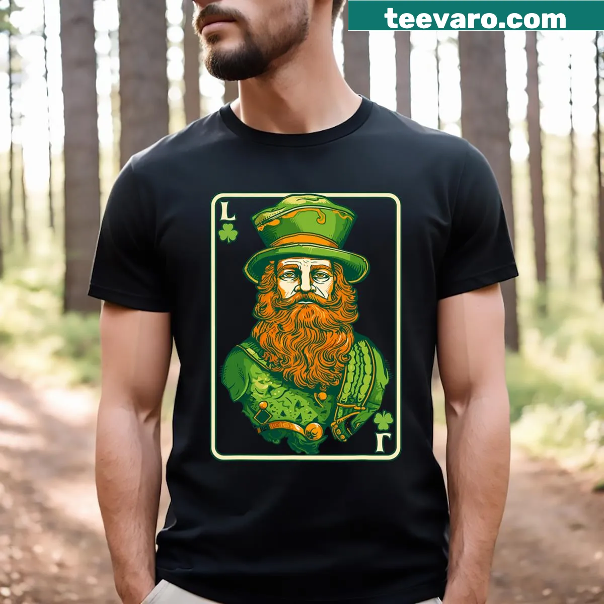 Illustration of a leprechaun and shamrocks on a t-shirt. — on a men's t-shirt