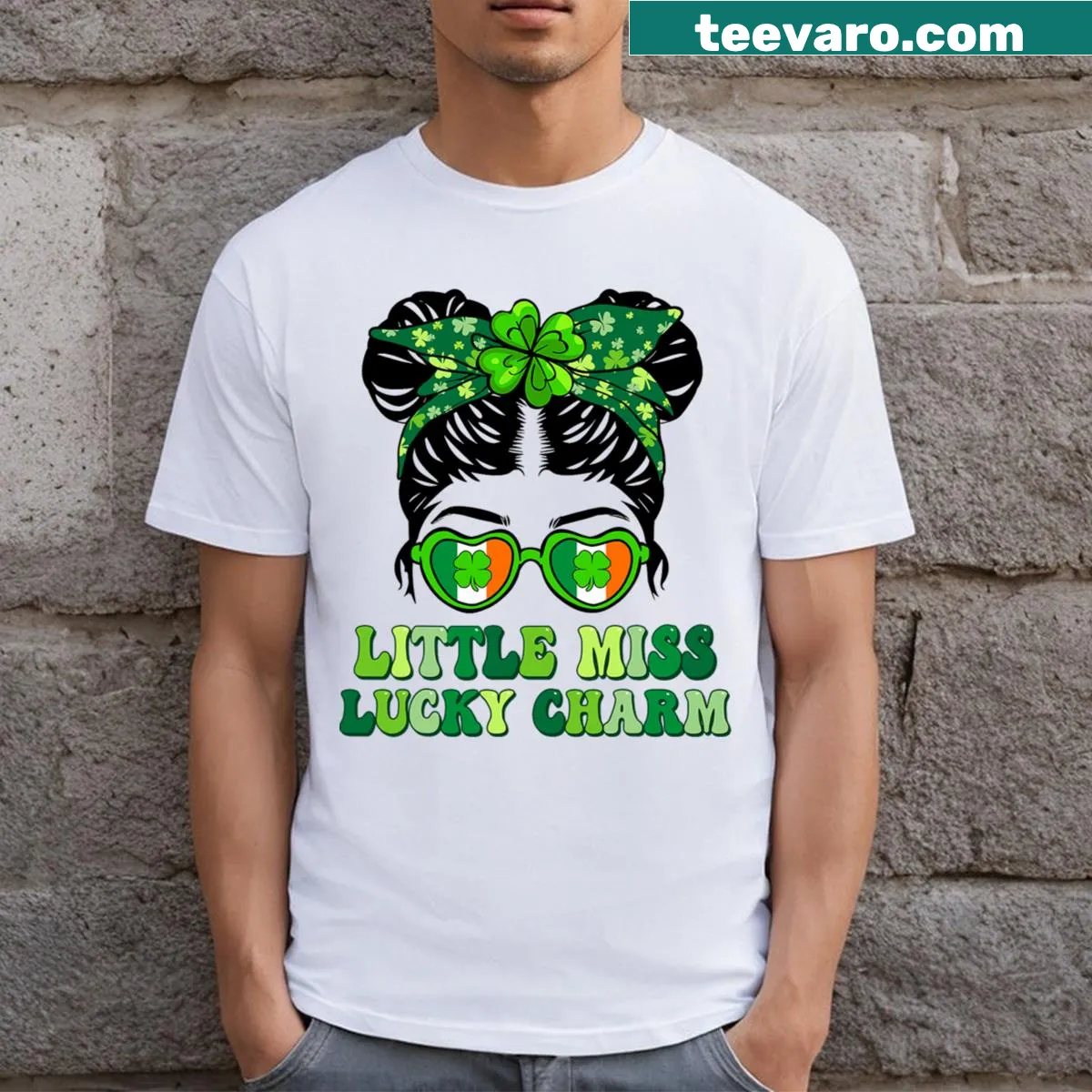 Cute Little Miss Lucky Charm graphic for girls on St. Patrick's Day shirt — on a men's t-shirt