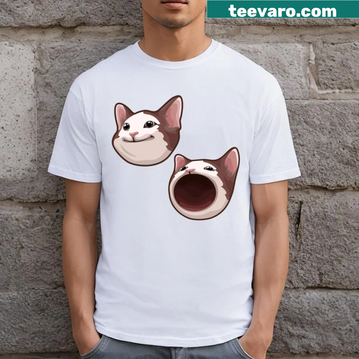 Cartoon cat graphic T-shirt with a humorous meme design — on a men's t-shirt