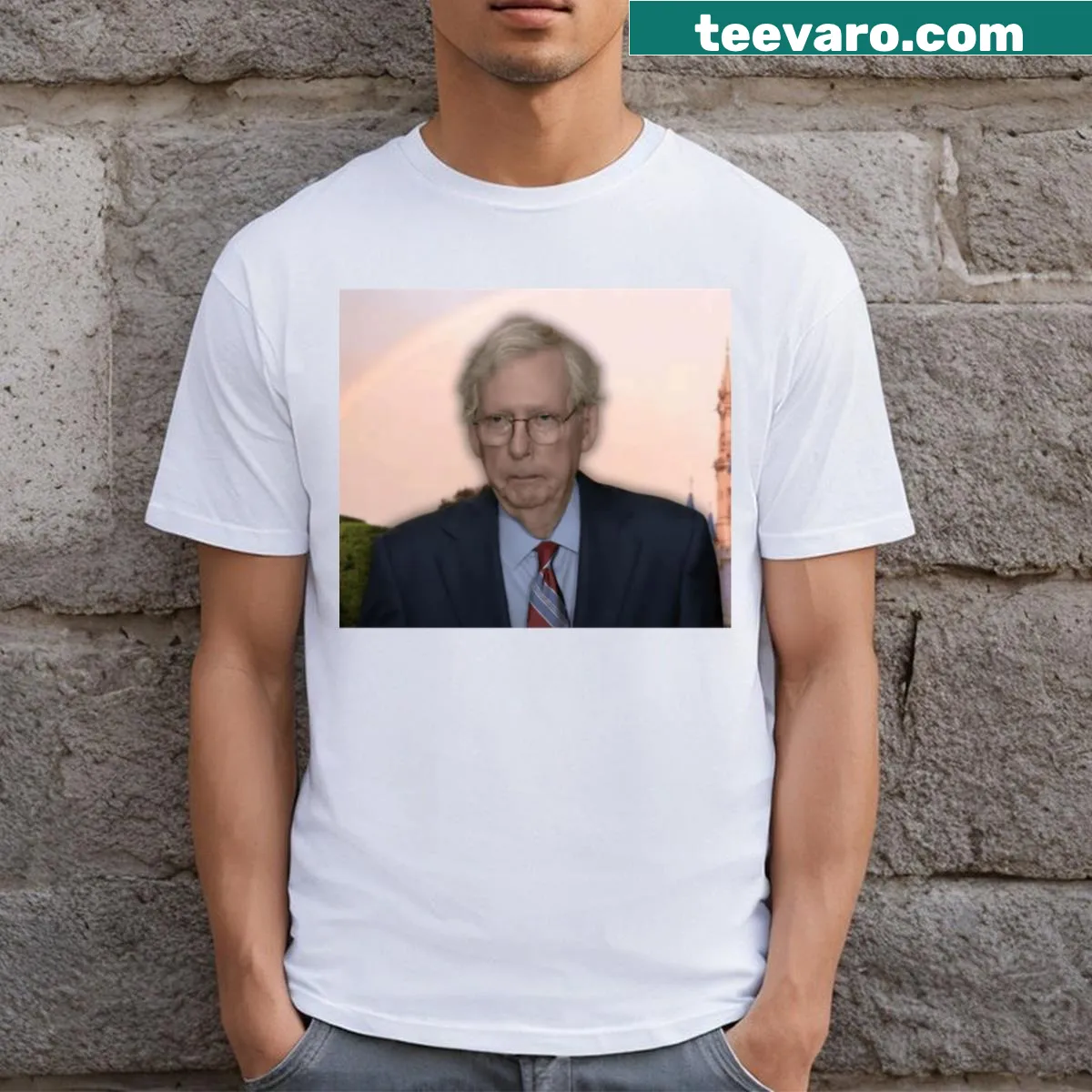 Meme of Mitch McConnell on T-shirt, illustrated for humor — on a men's t-shirt