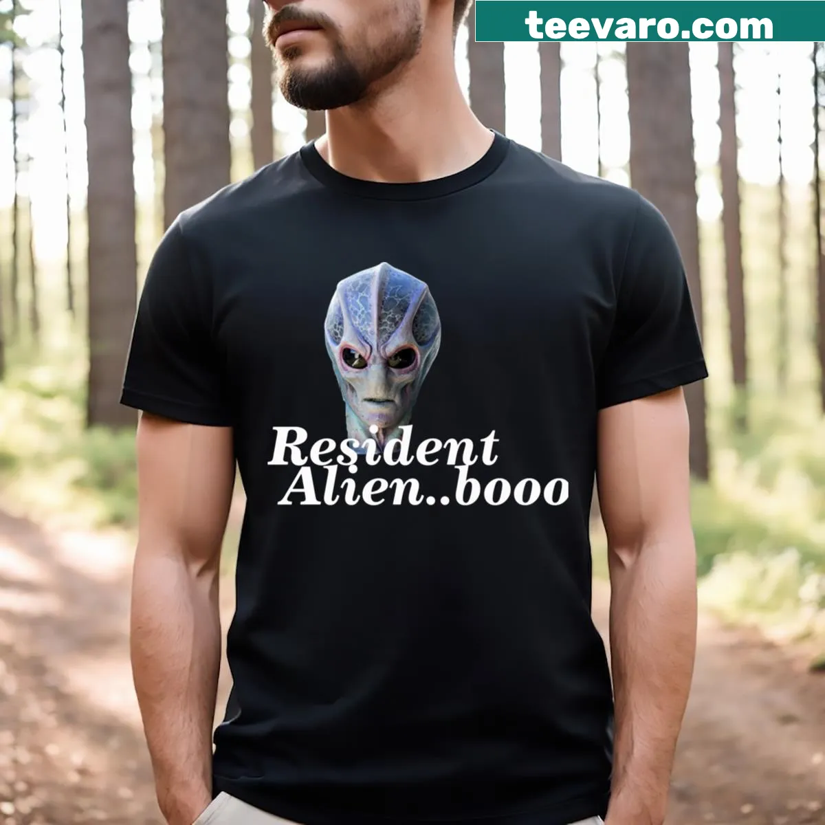Illustrative T-shirt celebrating Resident Alien TV series. — on a men's t-shirt