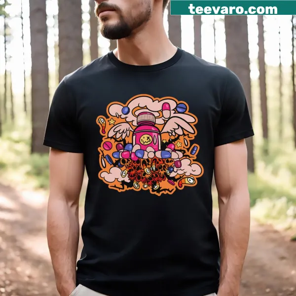 Playful Pillland graphic t-shirt featuring whimsical landscapes