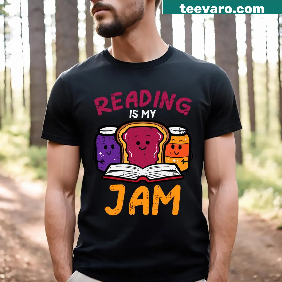 T-shirt featuring the phrase 'Reading My Jam' in playful typography — on a men's t-shirt