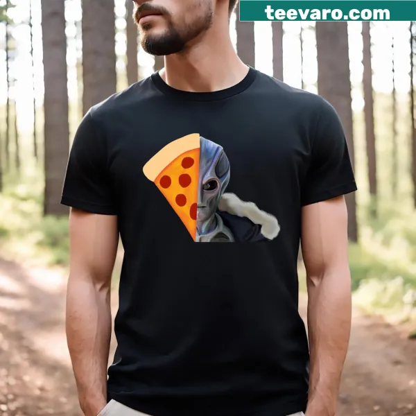 Funny T-shirt with pizza-headed alien illustration