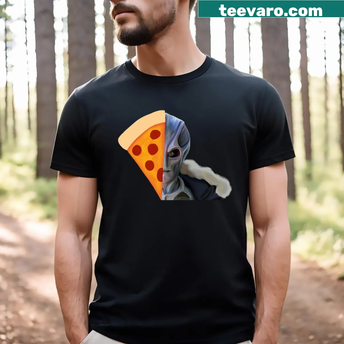 Funny T-shirt with pizza-headed alien illustration — on a men's t-shirt