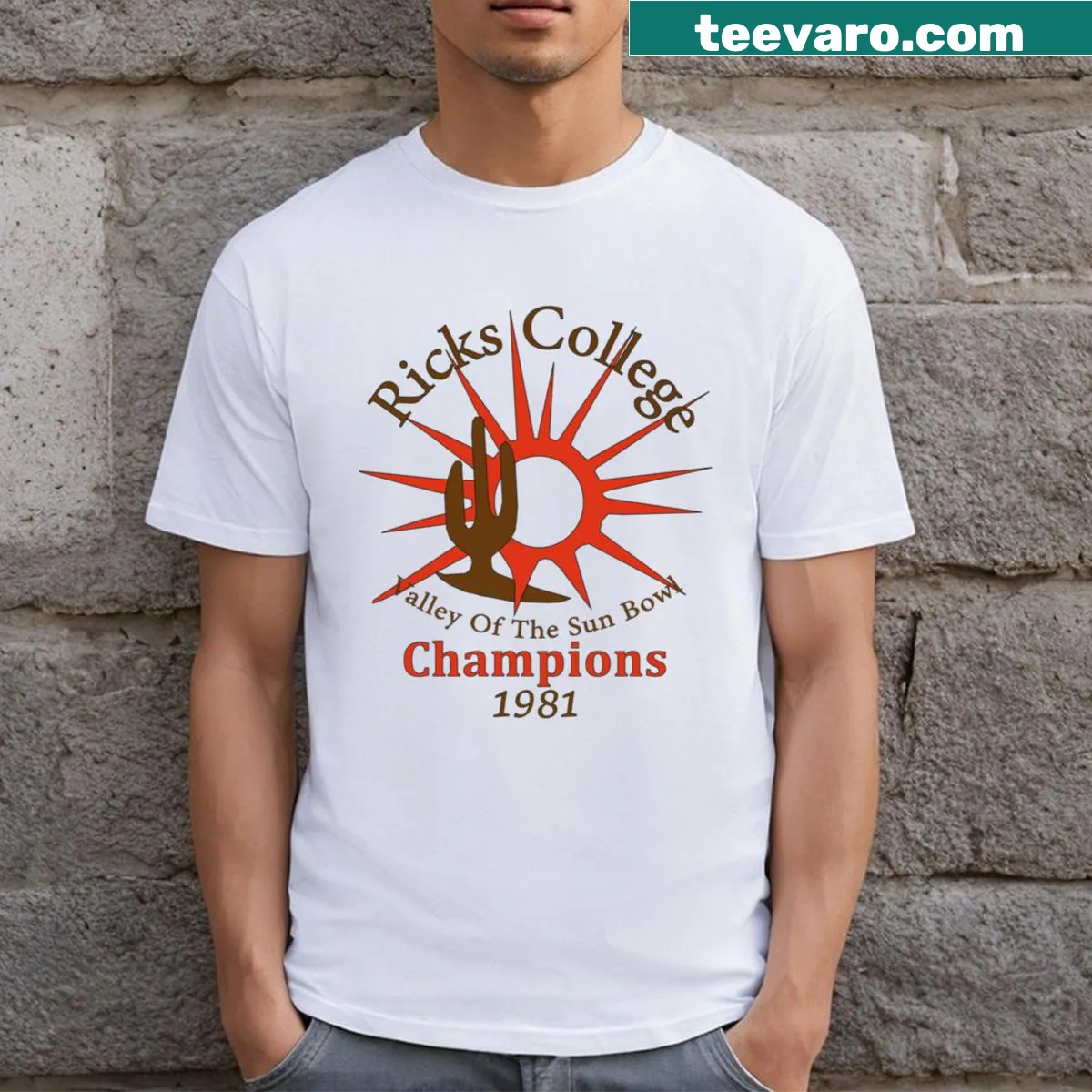 Vintage Ricks College Champions 1981 T-shirt with humorous old school design — on a men's t-shirt