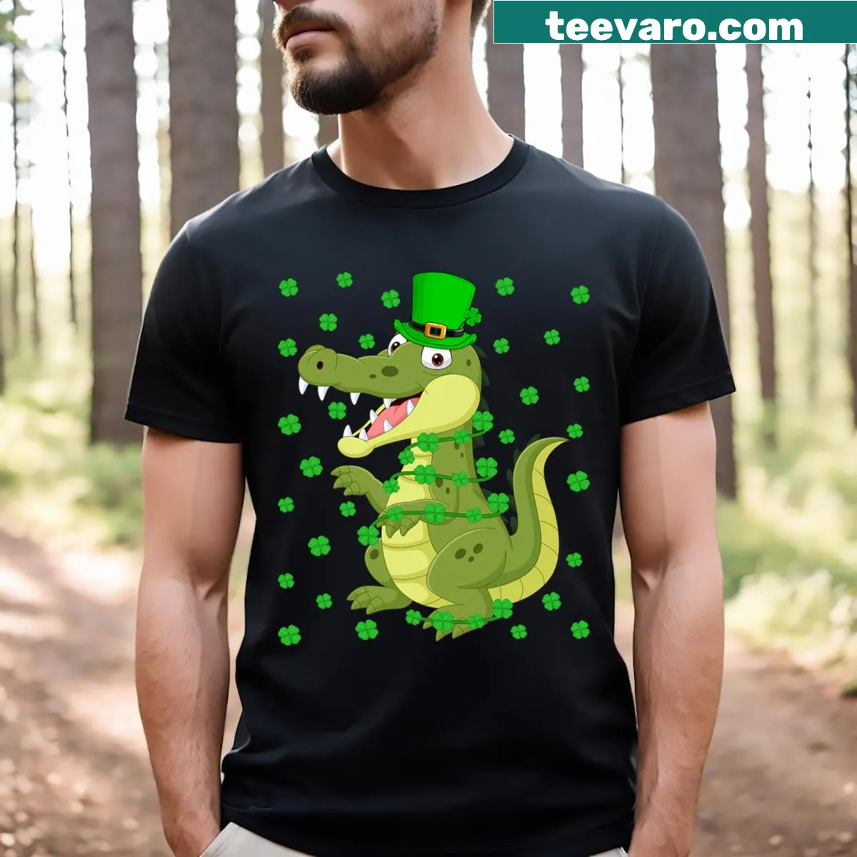 Playful St. Patrick's Day T-shirt with leprechaun alligator design — on a men's t-shirt