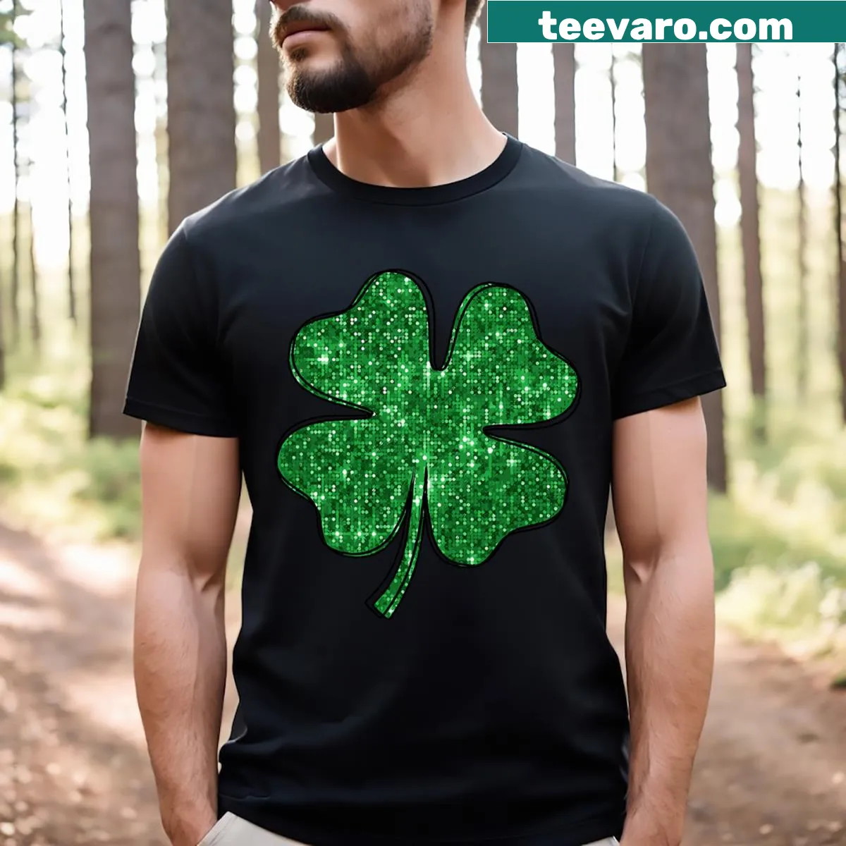 Cute T-shirt with sequined shamrock design for St. Patrick's Day — on a men's t-shirt