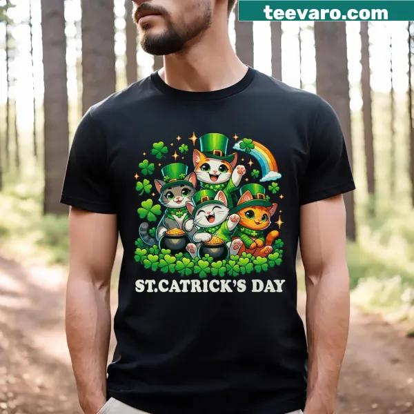 Cartoon cats celebrating St. Patrick's Day on a kids T-shirt