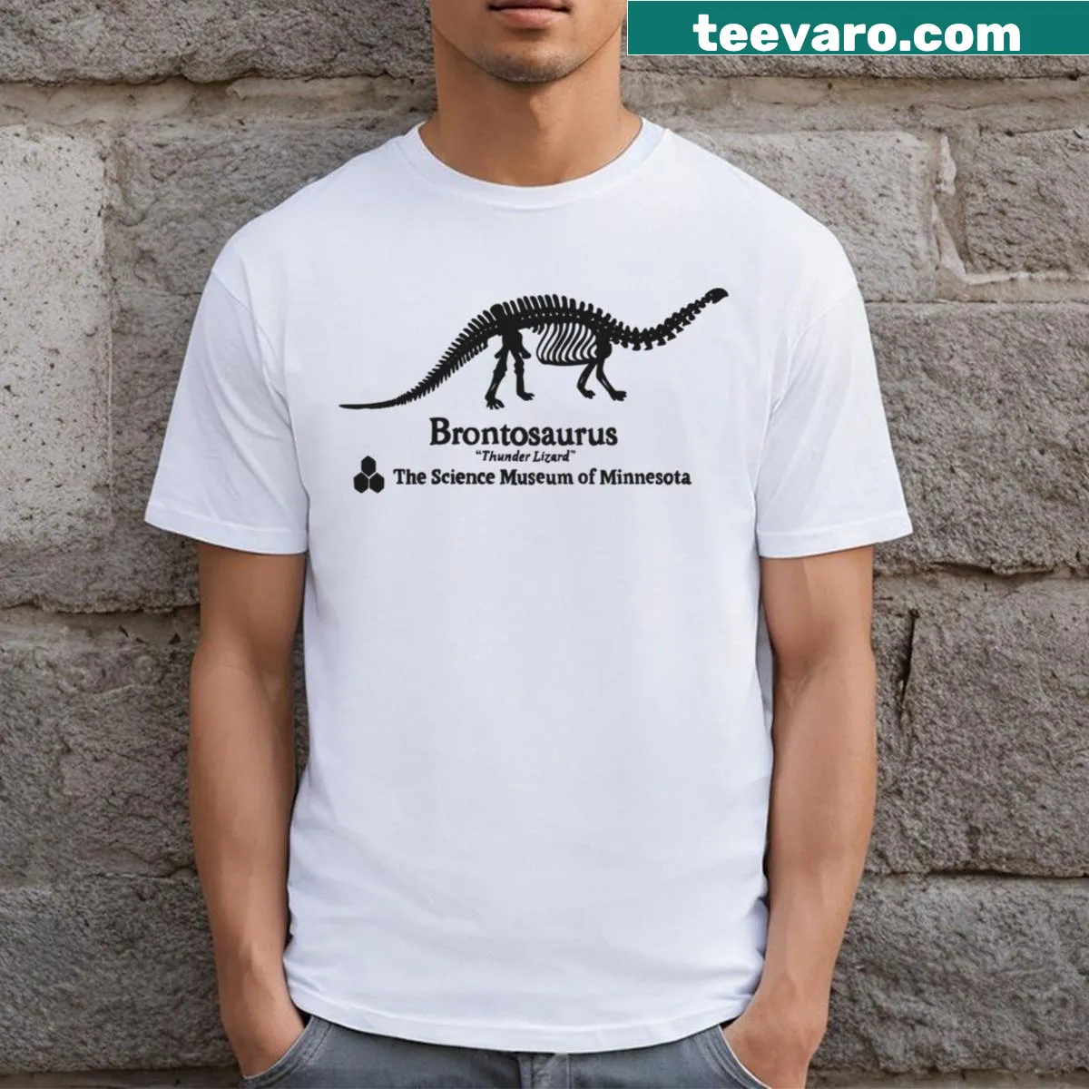 Playful brontosaurus graphic T-shirt inspired by Stranger Things — on a men's t-shirt