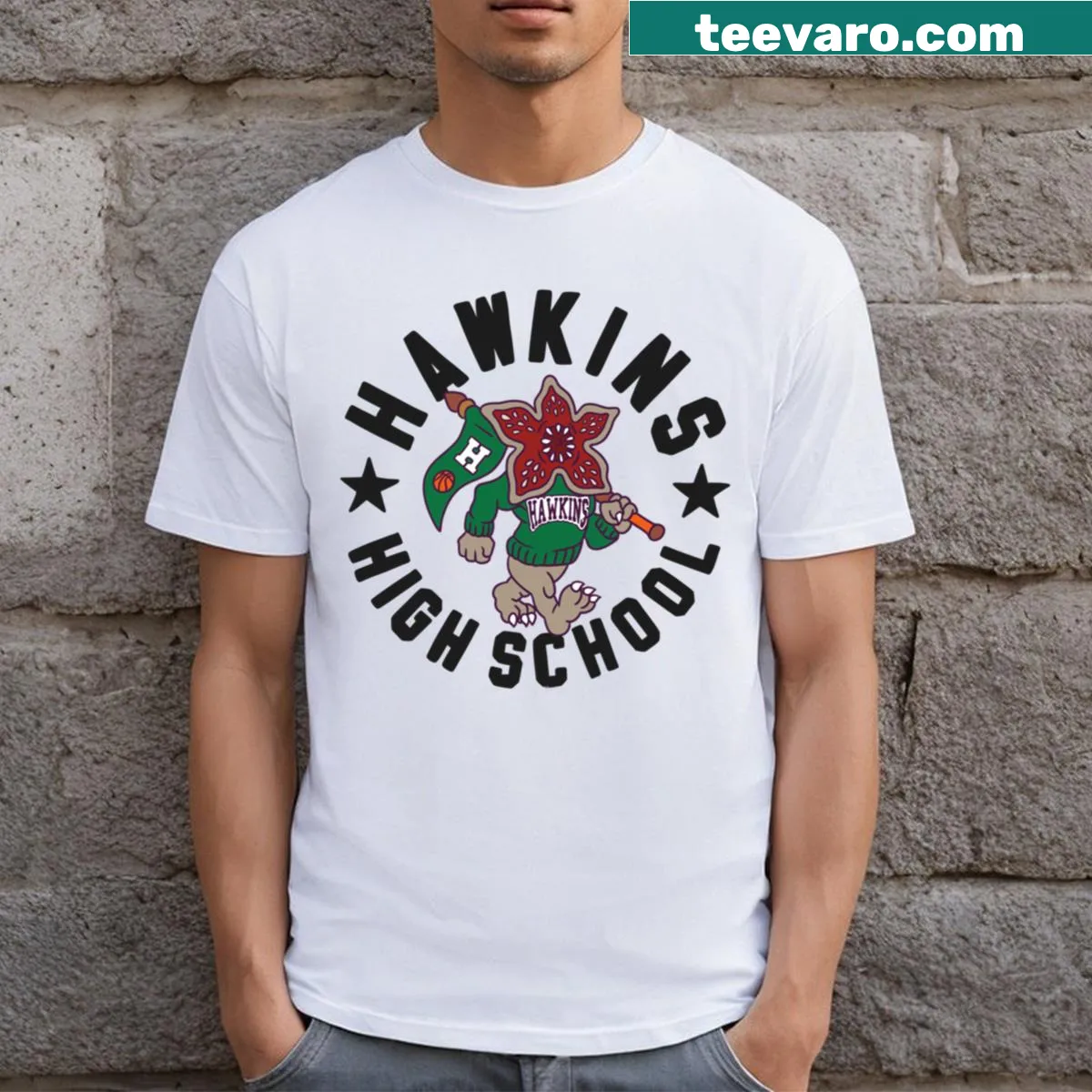T-shirt with Hawkins High School Mascot graphic from Stranger Things — on a men's t-shirt