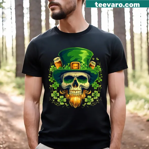Playful sugar skull leprechaun design on a kid's t-shirt