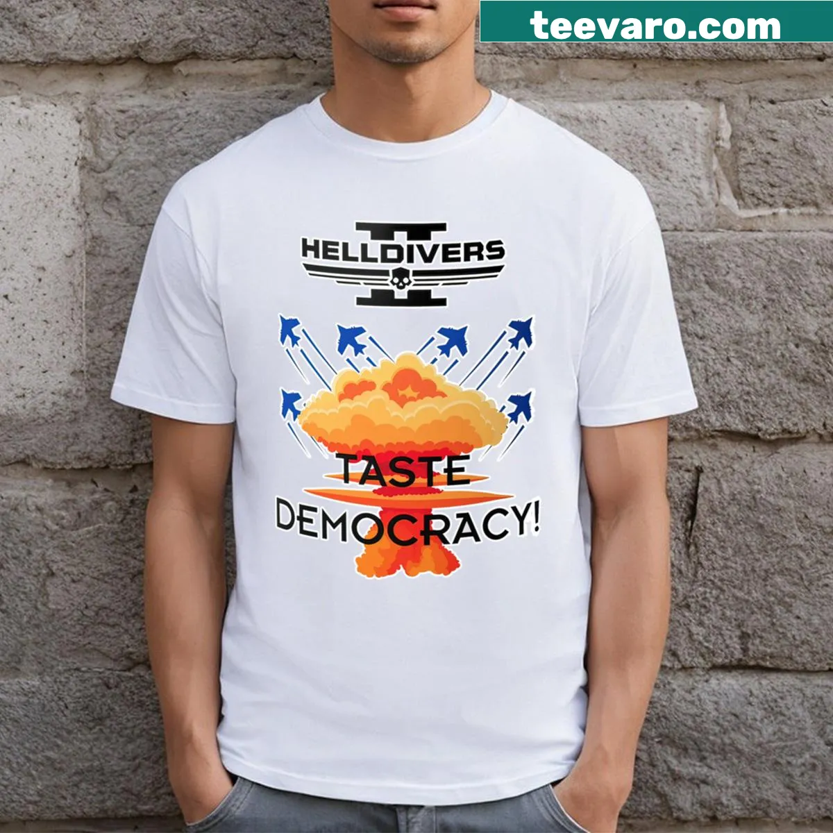 Typographic design T-shirt with 'Taste Democracy!' text — on a men's t-shirt