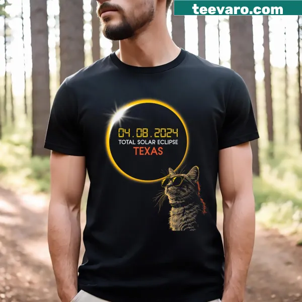 Cat wearing solar eclipse glasses on Texas Solar Eclipse 2024 t-shirt