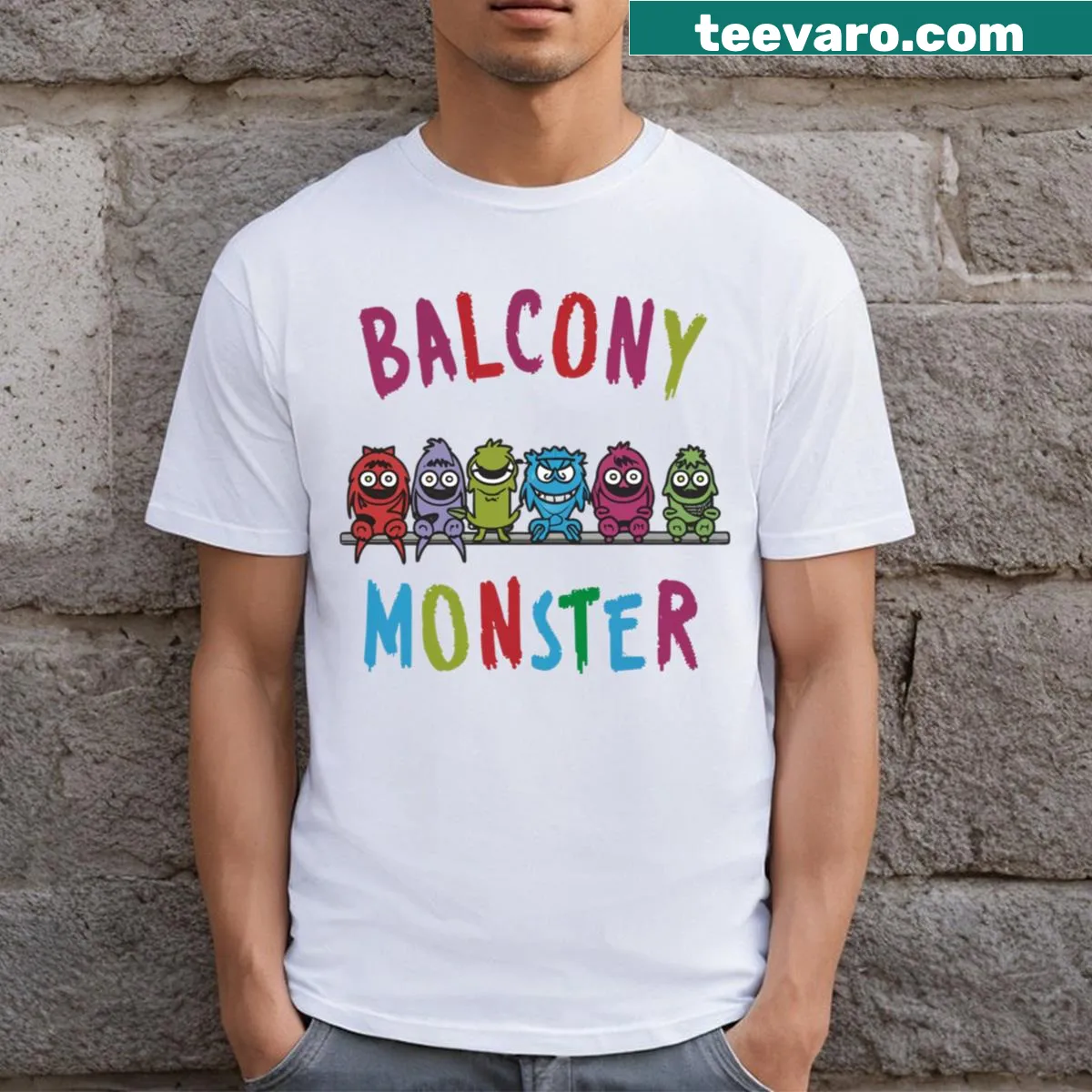 Illustrated T-shirt featuring a whimsical balcony monster — on a men's t-shirt