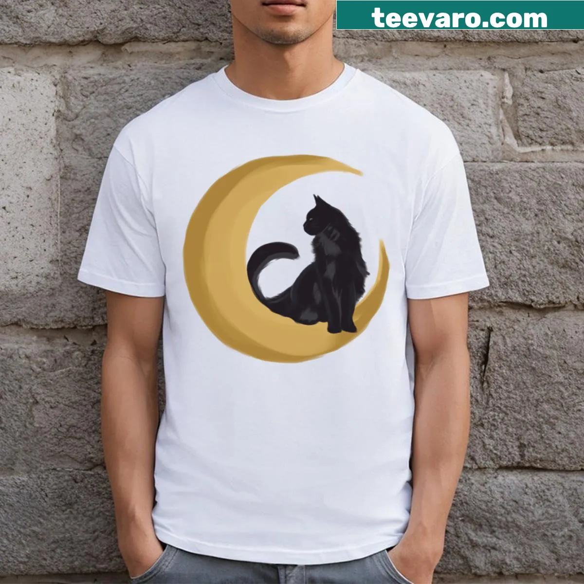 Black cat illustration in front of a moon T-shirt — on a men's t-shirt