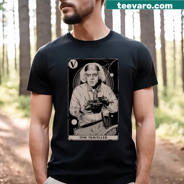 Whimsical time traveller card graphic on a casual tee