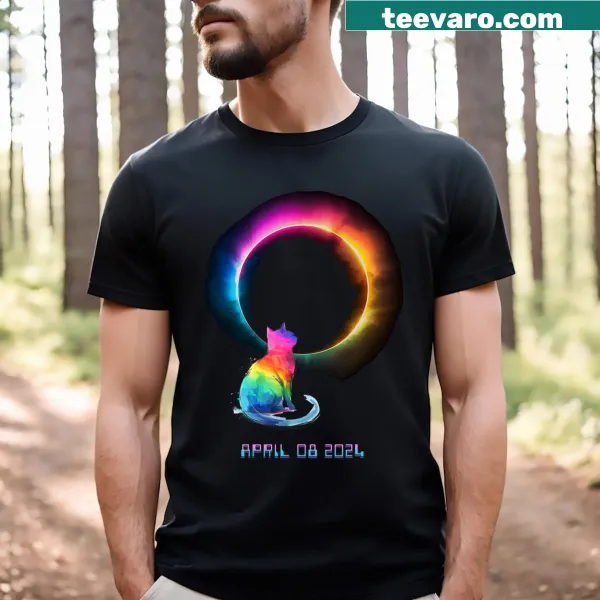 Whimsical illustration of a cat during a solar eclipse on a T-shirt