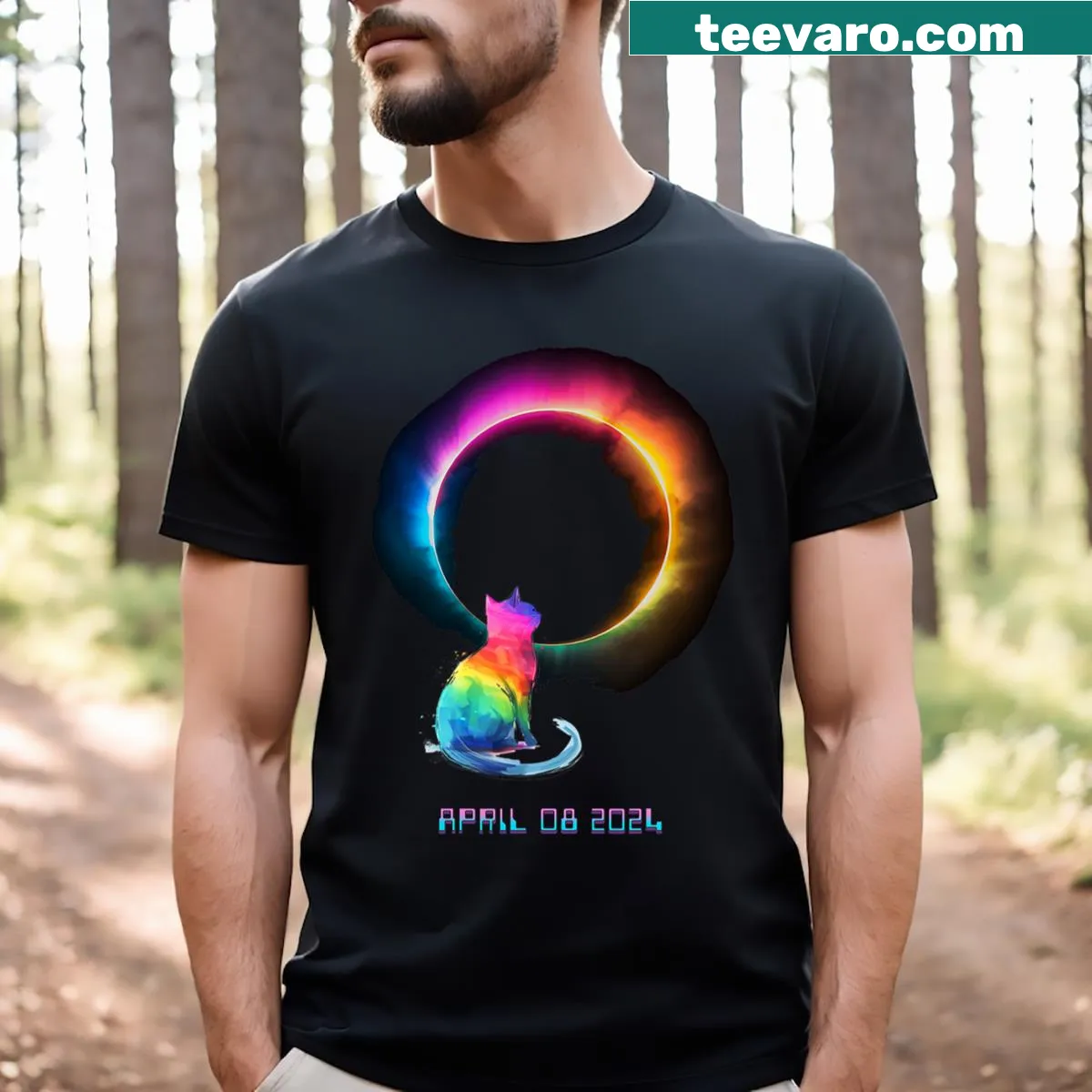 Whimsical illustration of a cat during a solar eclipse on a T-shirt — on a men's t-shirt