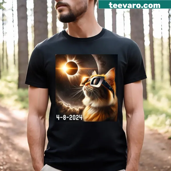 Cat wearing eclipse glasses on a solar eclipse t-shirt