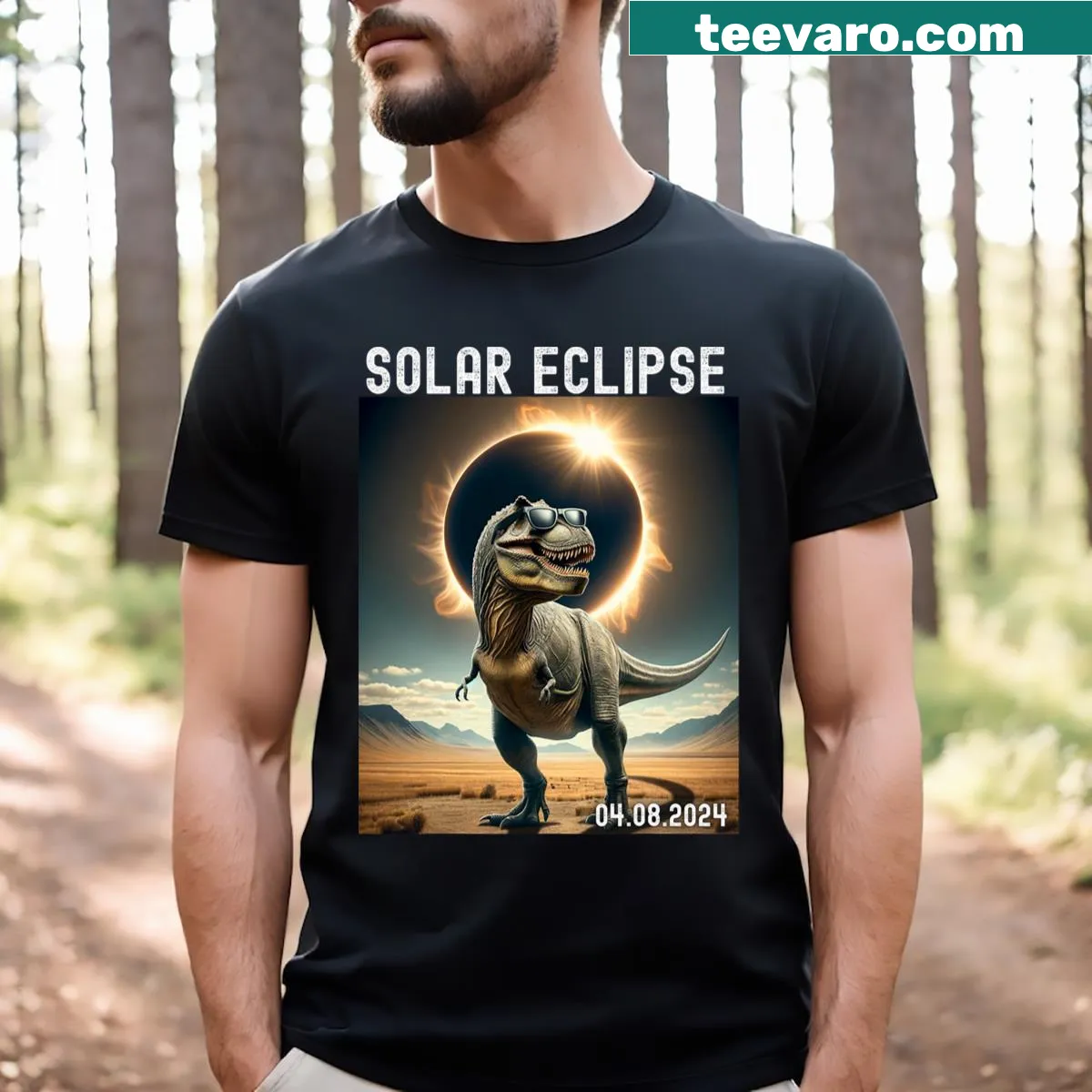 Cartoon T-Rex celebrating the Total Solar Eclipse on April 8, 2024, on a T-shirt — on a men's t-shirt