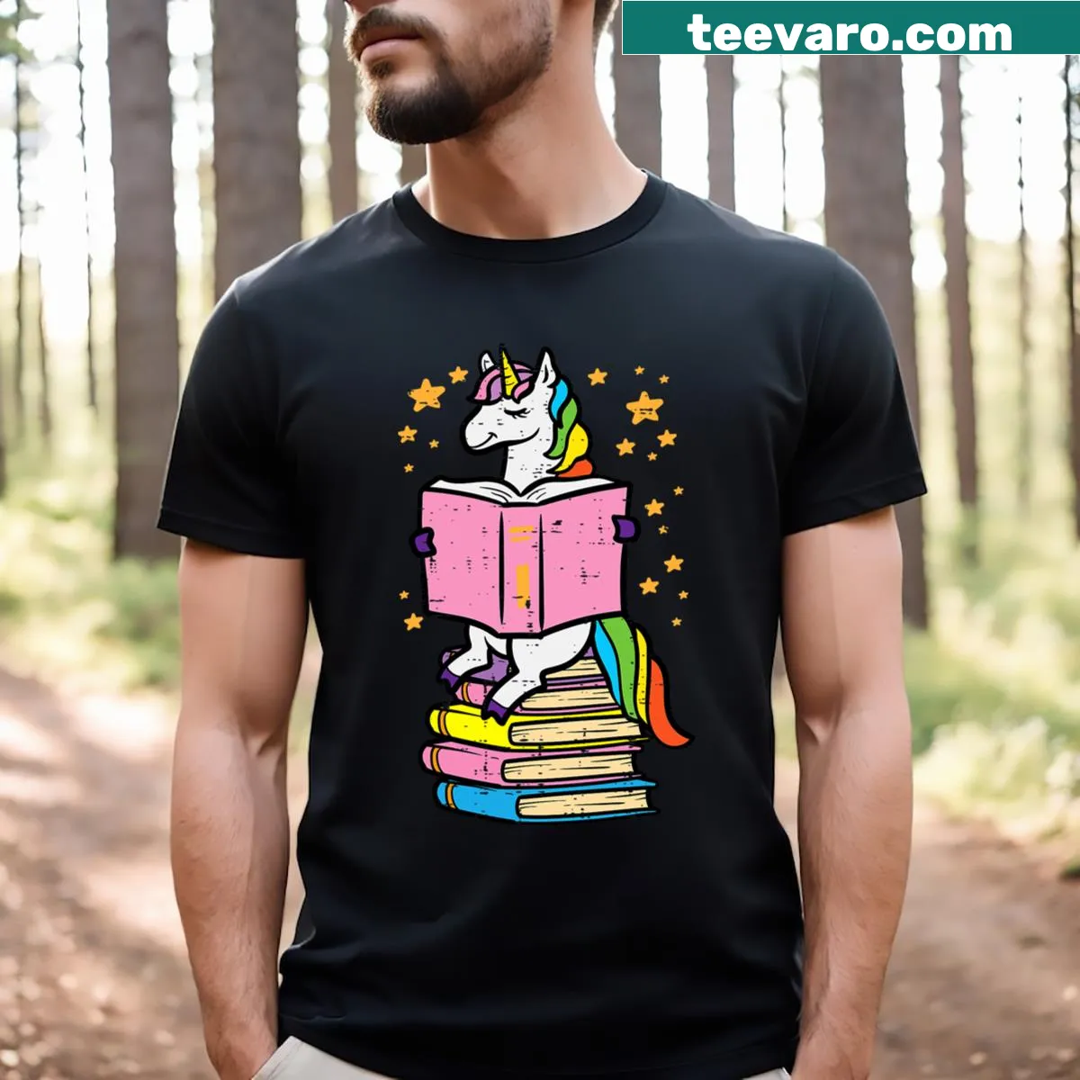 T-shirt with a unicorn and book design for young readers — on a men's t-shirt