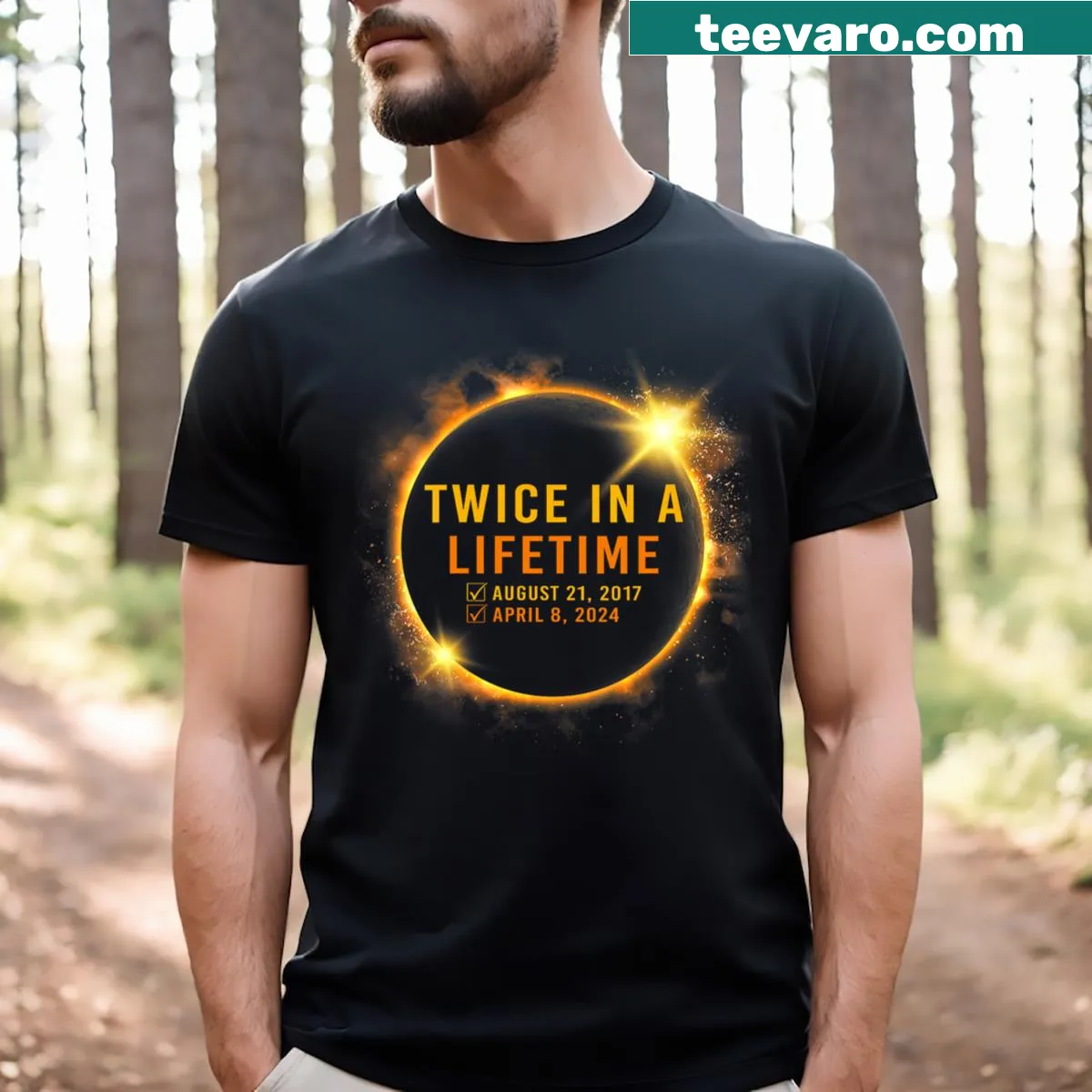 V-neck t-shirt celebrating the 2024 solar eclipse for women — on a men's t-shirt