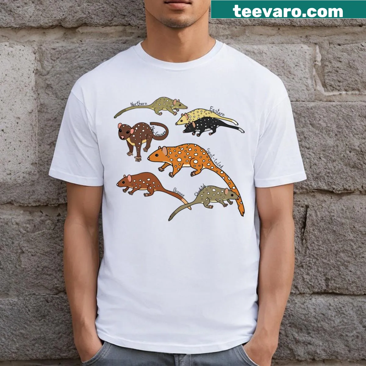 Illustrated T-shirt featuring quolls in a playful design. — on a men's t-shirt