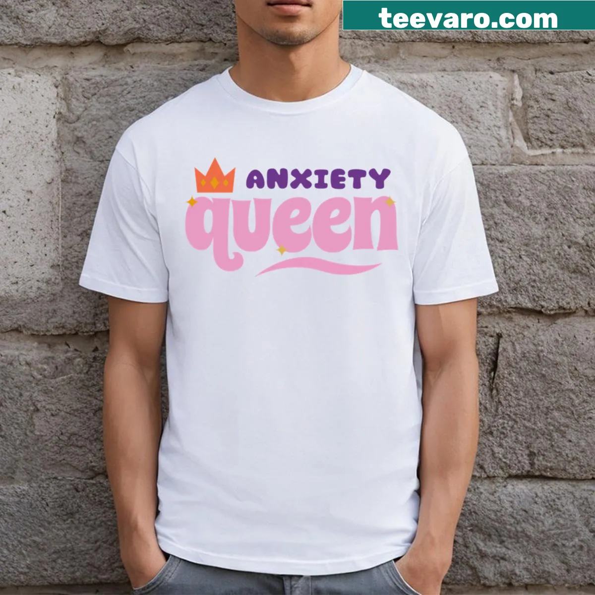 Typography design of 'Anxiety Queen' on T-shirt. — on a men's t-shirt