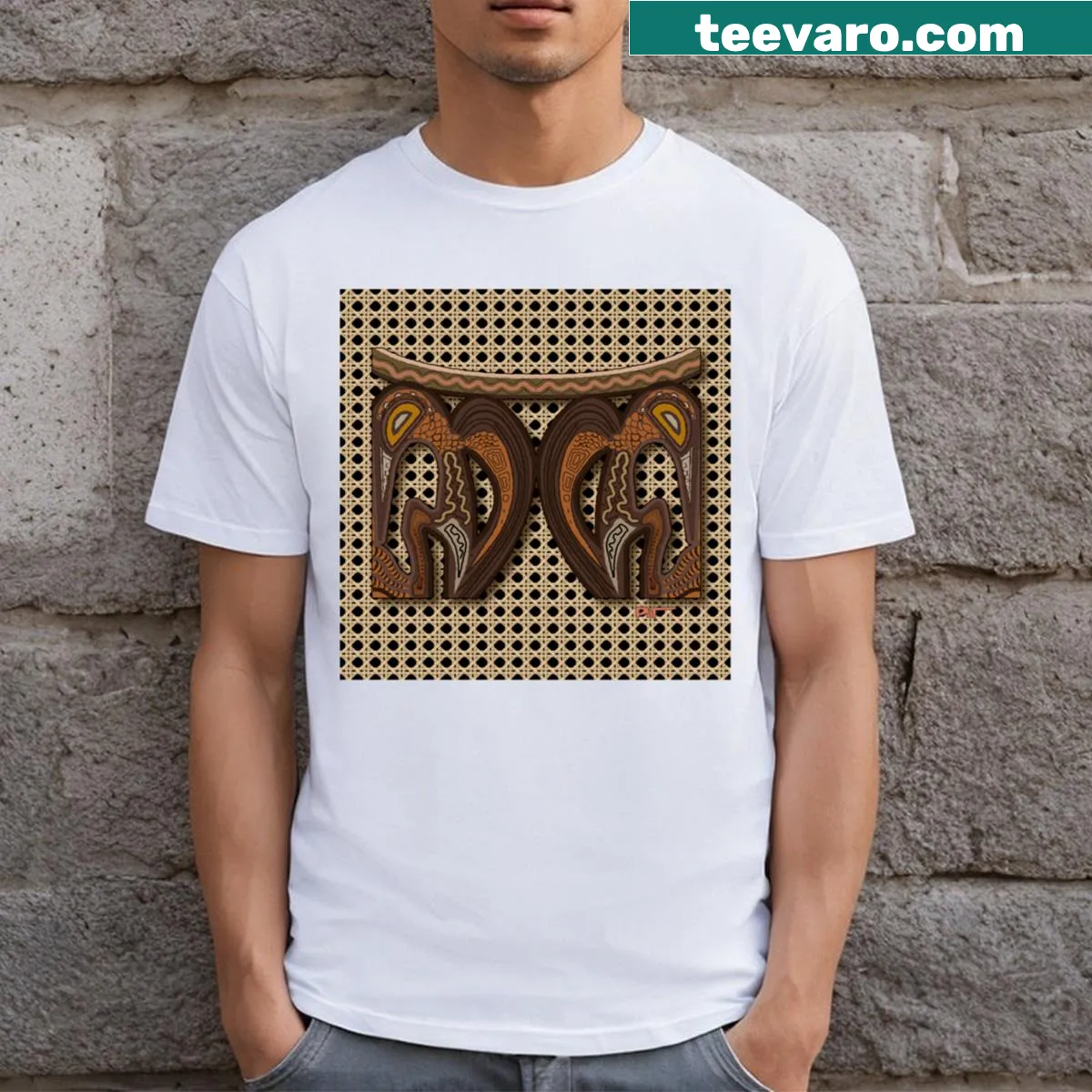 Illustrated tiki design on a casual T-shirt — on a men's t-shirt