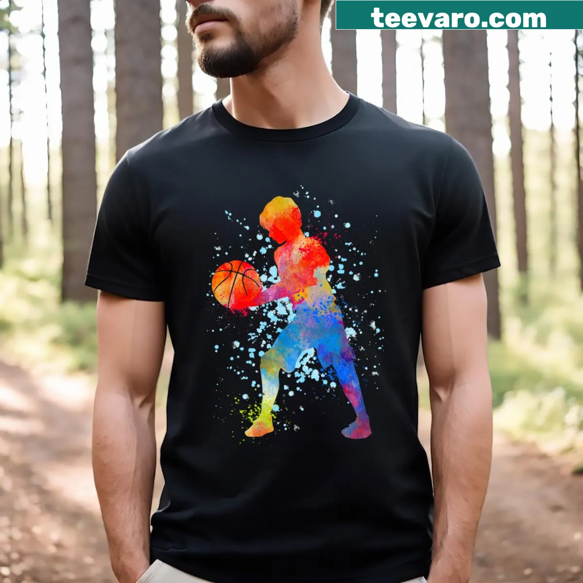 Watercolor T-shirt featuring a boy playing basketball — on a men's t-shirt