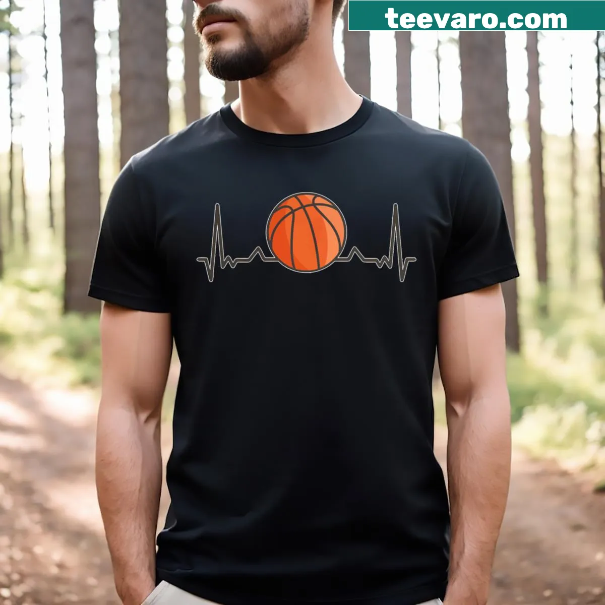T-shirt with a heartbeat graphic shaped like a basketball — on a men's t-shirt