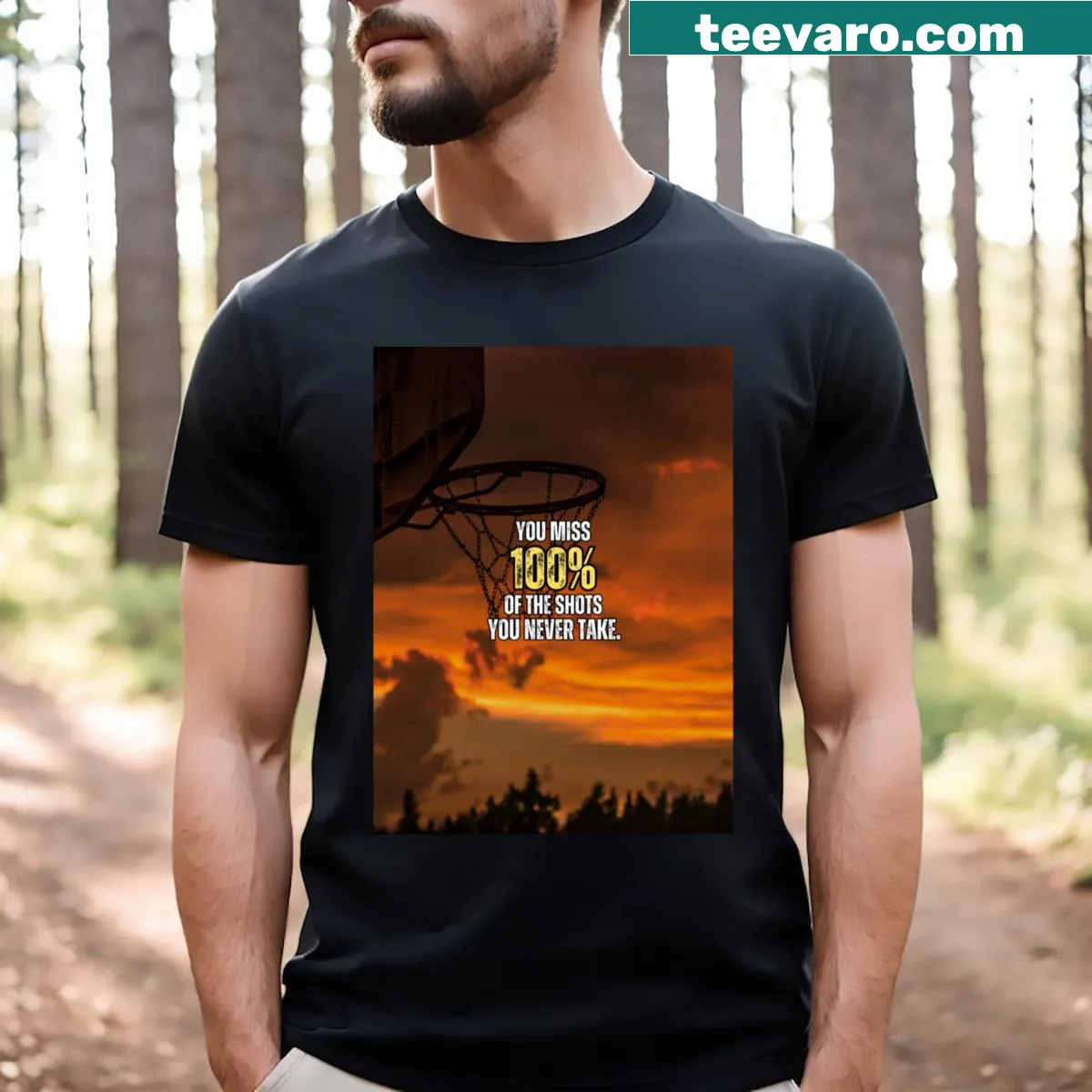 Motivational basketball quote T-shirt with sunset design — on a men's t-shirt