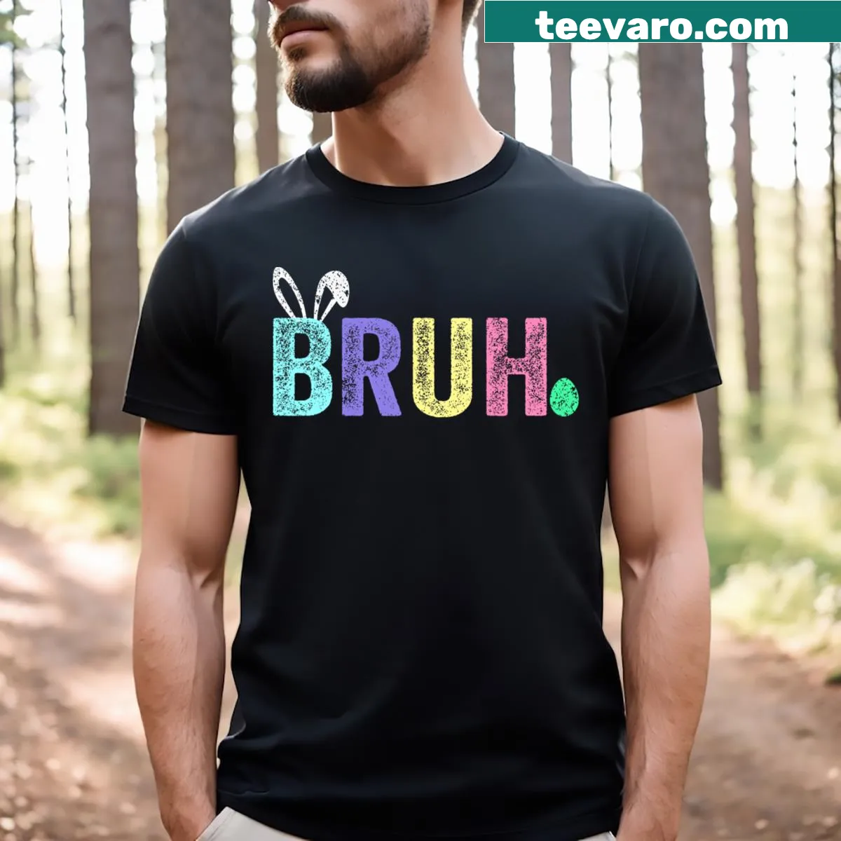 Vintage-style T-shirt with a bruh meme graphic for Easter — on a men's t-shirt