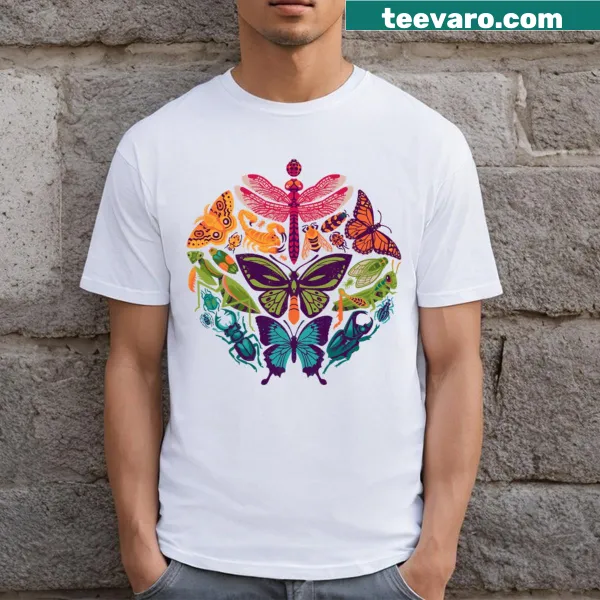 Essential T-shirt featuring a playful graphic of bugs and butterflies