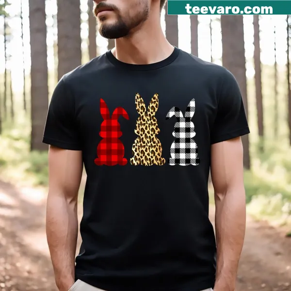 Cute Easter T-shirt with a bunny in red plaid and leopard print