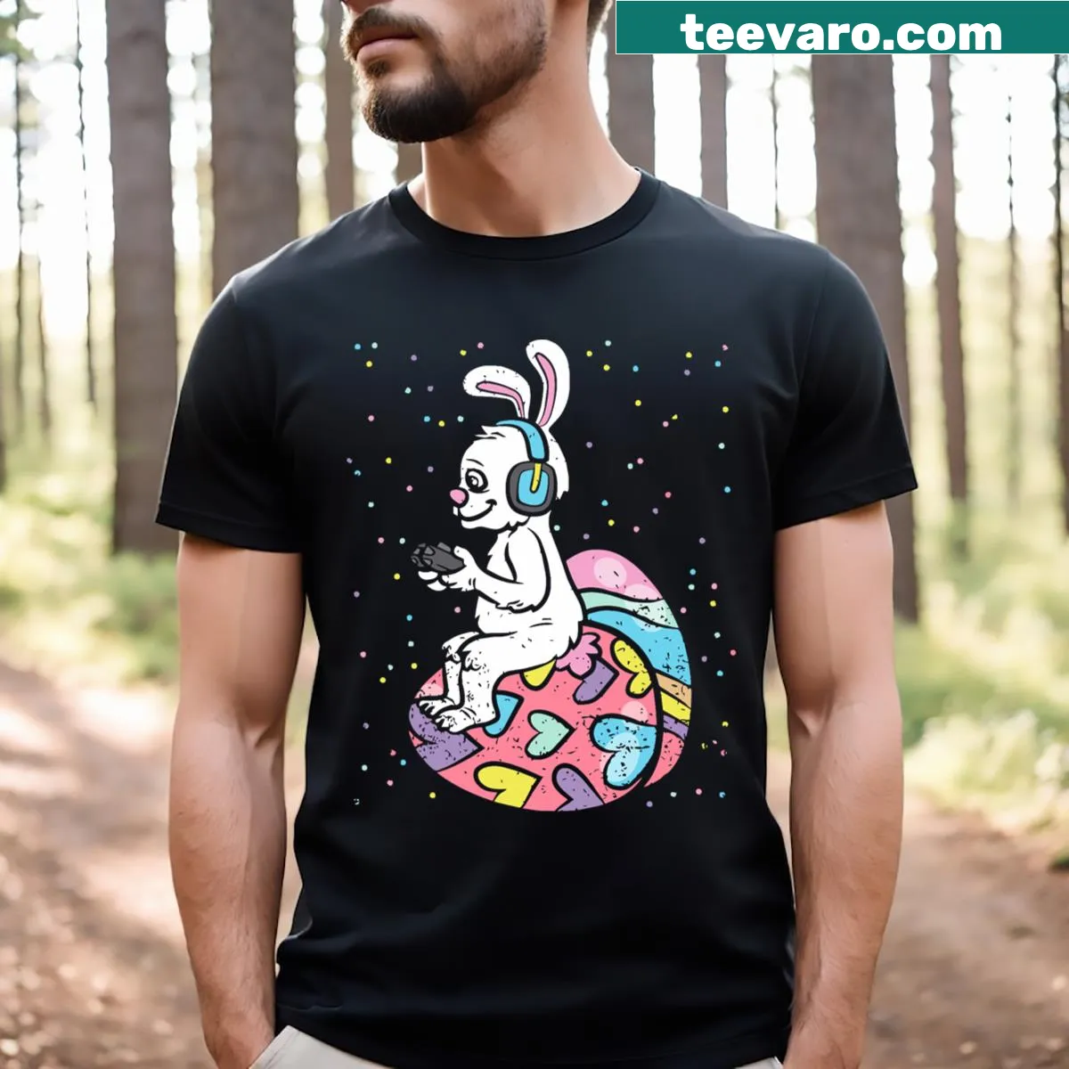Easter Bunny Gamer T-shirt with cartoon bunny, game controller, and eggs — on a men's t-shirt
