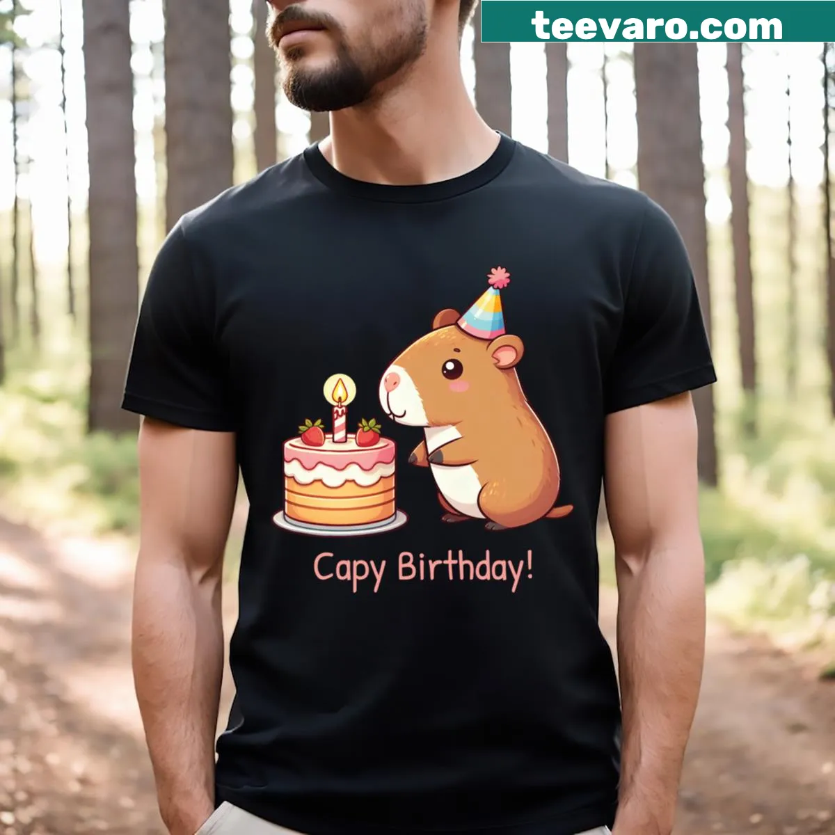 Kawaii T-shirt featuring a birthday capybara in a cute design — on a men's t-shirt