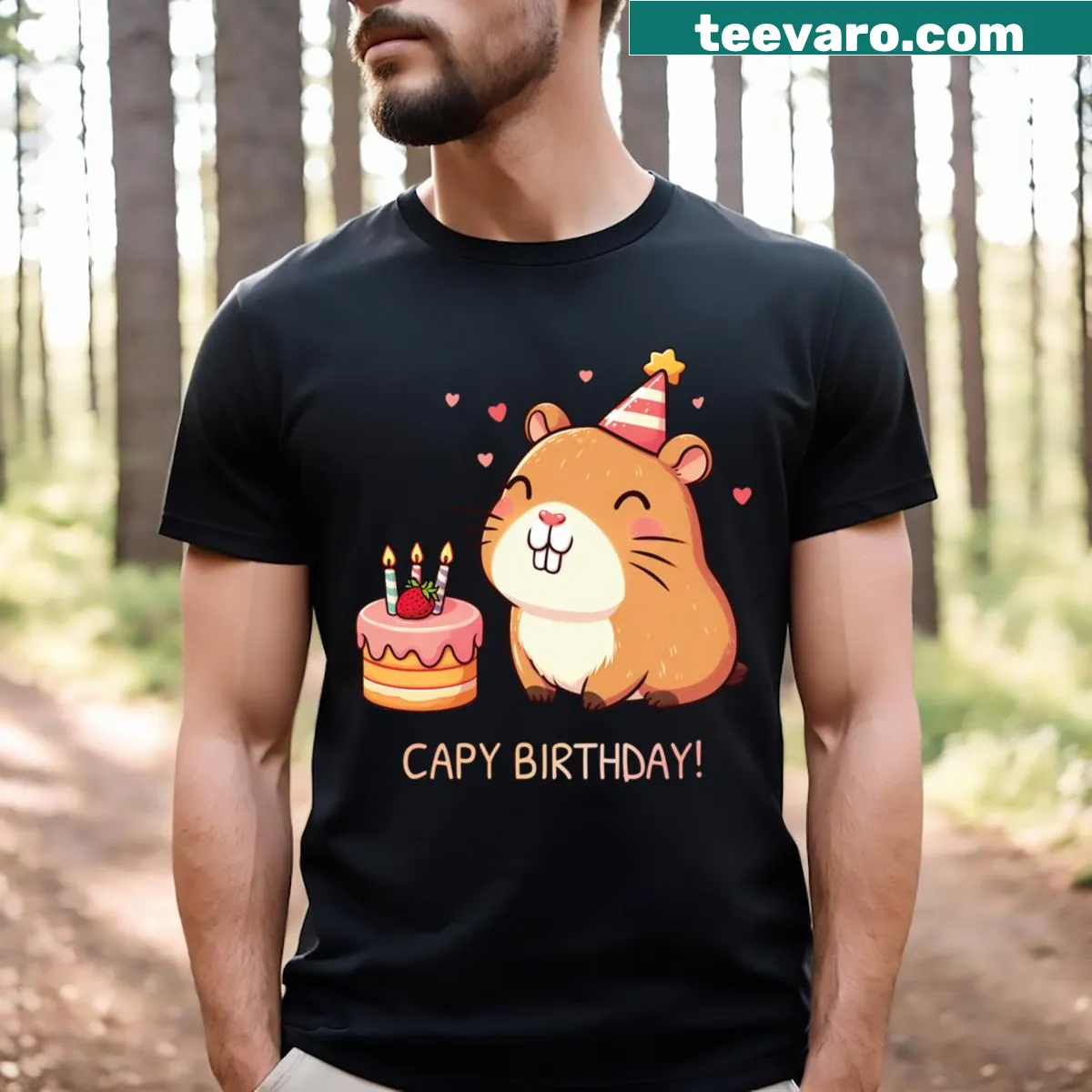 Kawaii capybara in birthday attire for kids' celebrations — on a men's t-shirt