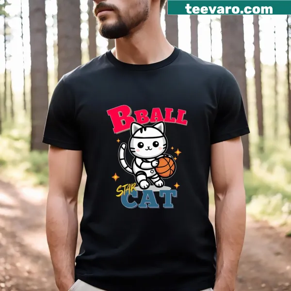 Illustrative T-shirt featuring a cat playing basketball