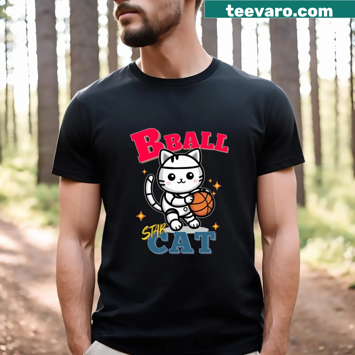 Illustrative T-shirt featuring a cat playing basketball — on a men's t-shirt