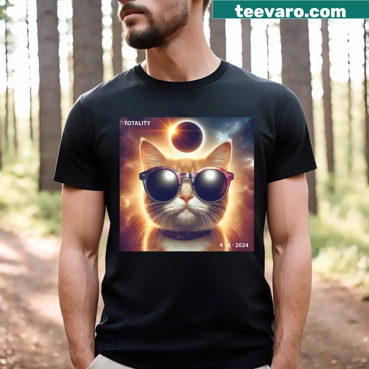 Illustration of a cat taking a selfie during a solar eclipse in glasses — on a men's t-shirt