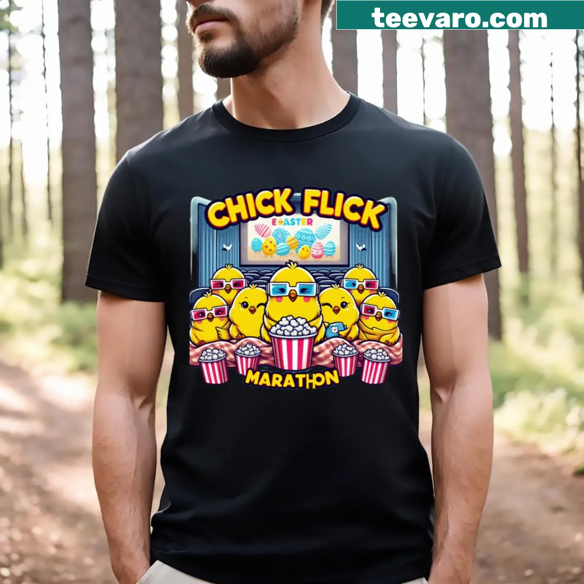Funny Easter t-shirt with cartoon chicks in a marathon theme — on a men's t-shirt