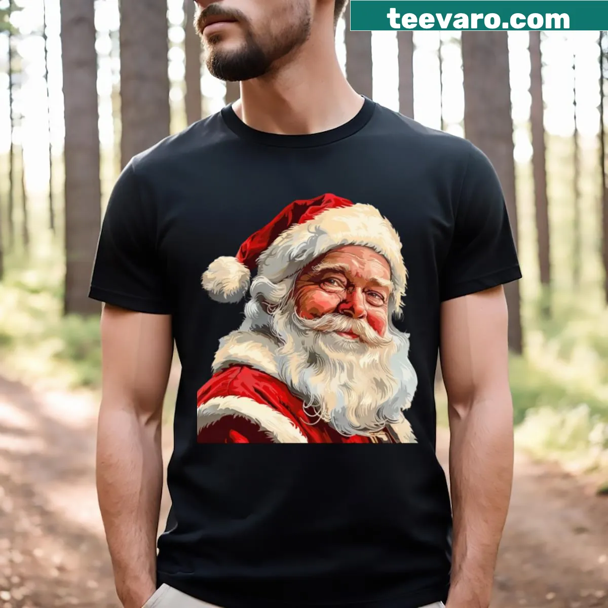 Festive Santa Claus graphic t-shirt with a cheerful Christmas pattern — on a men's t-shirt