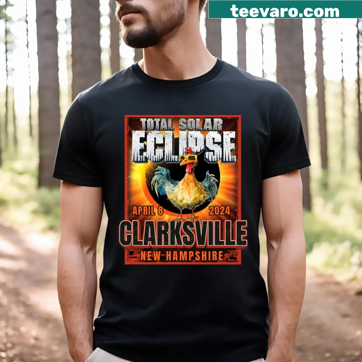Funny chicken graphic t-shirt celebrating the solar eclipse in Clarksville — on a men's t-shirt